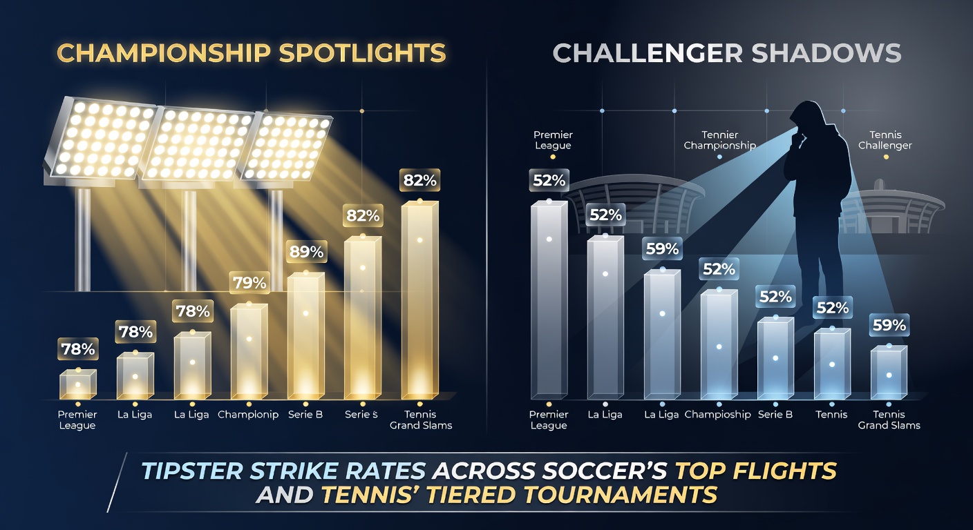 Soccer players in a top-flight match under stadium lights contrasting with a dimly lit challenger league game, alongside tennis courts from Grand Slam arenas to modest challenger venues