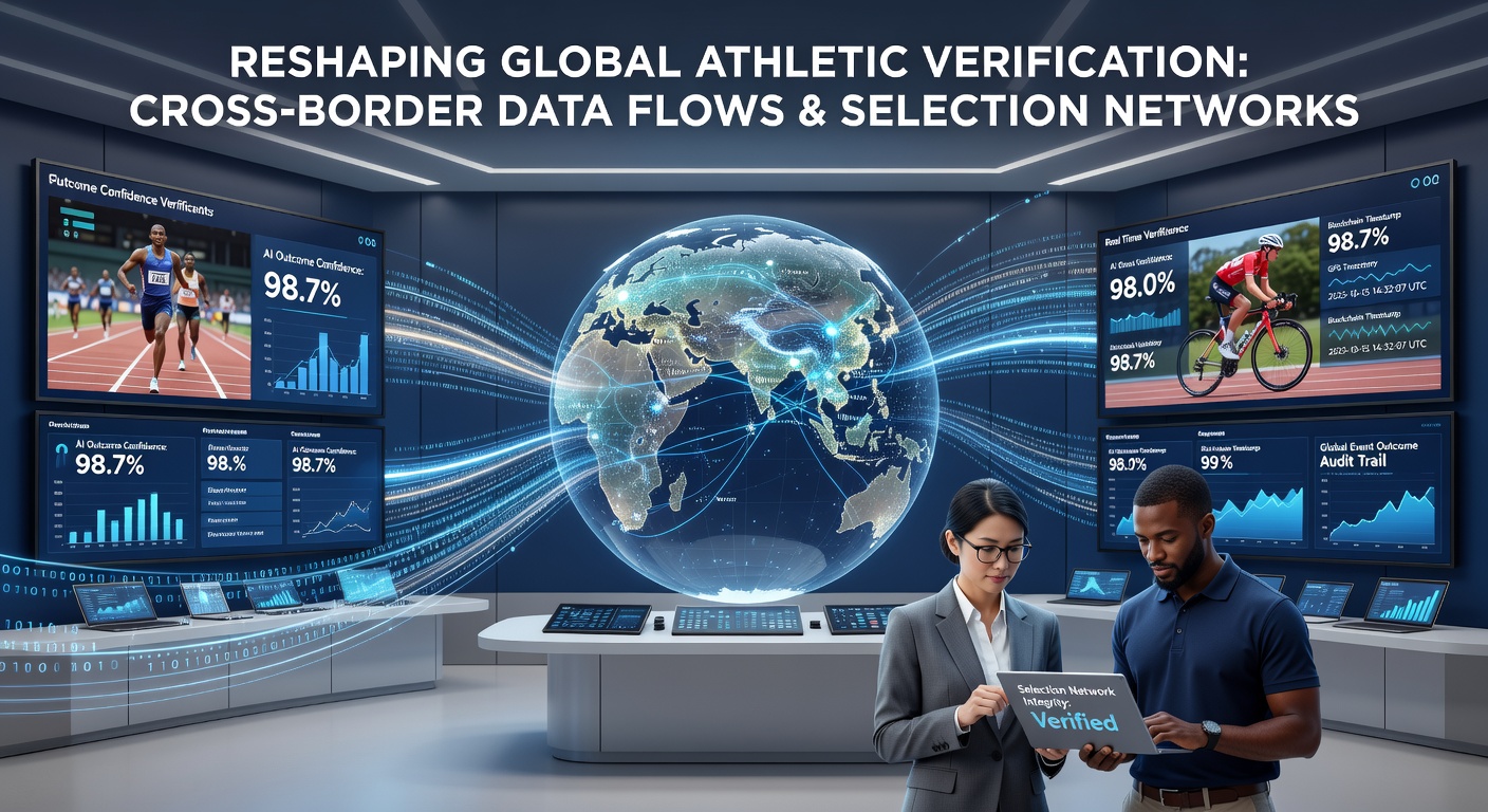 Global data network visualization showing interconnected nodes across continents for athletic event verification