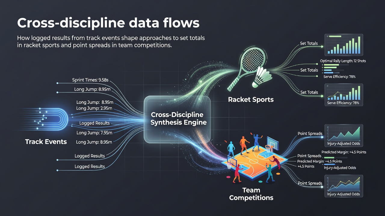 Athletes crossing finish lines in track events with overlaid data analytics charts showing performance metrics flowing into racket sports and team competition models