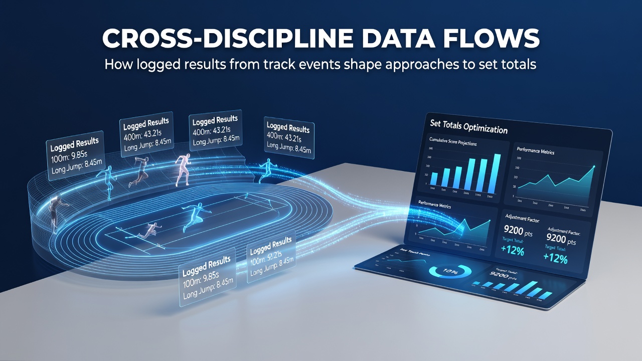 Data visualization dashboard displaying cross-sport analytics with track event logs influencing tennis set totals and basketball point spread calculations