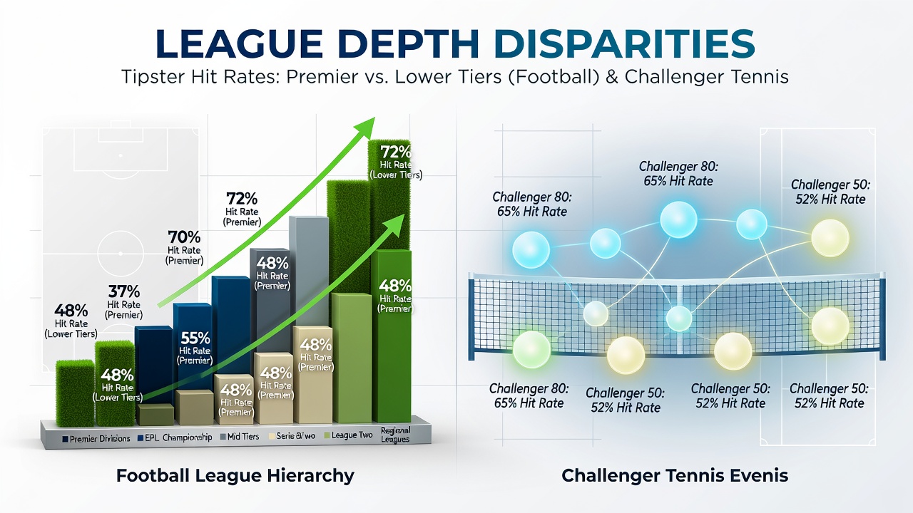 Comparative chart showing tipster performance metrics across football league tiers and tennis tournament levels