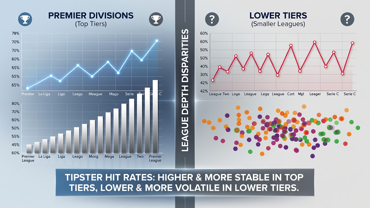 Graph illustrating hit rate variations between top football leagues, lower divisions, ATP events, and challenger tennis tournaments