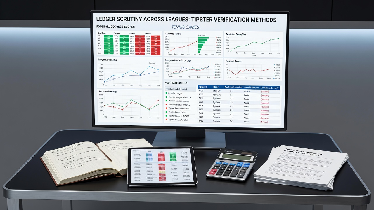 Detailed spreadsheets and verification dashboards tracking tipster accuracy for correct scores, game counts, and point spreads across football, tennis, and basketball