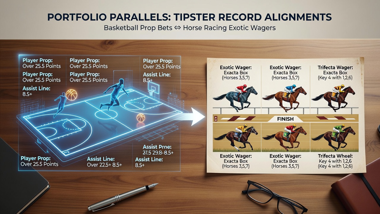 Tipster performance charts comparing basketball prop bet records with horse racing exotic wager alignments across multiple seasons