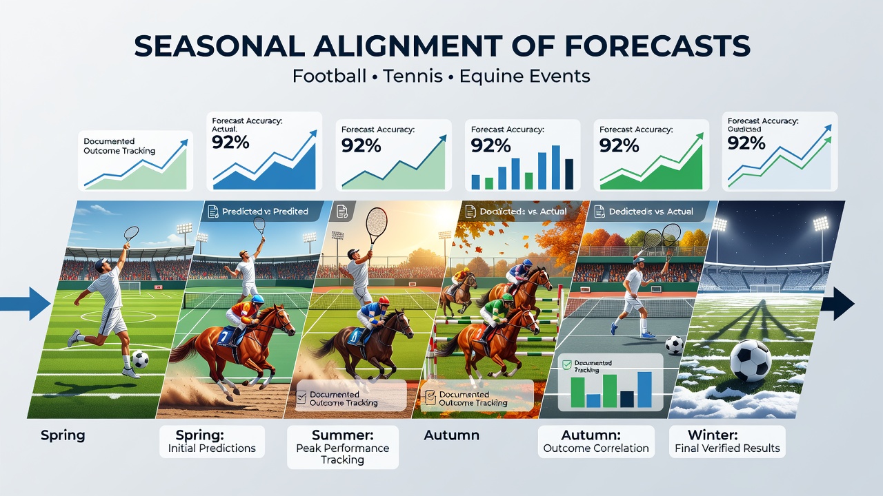 Documented outcome tracking charts showing seasonal forecast alignments across football, tennis, and horse racing events
