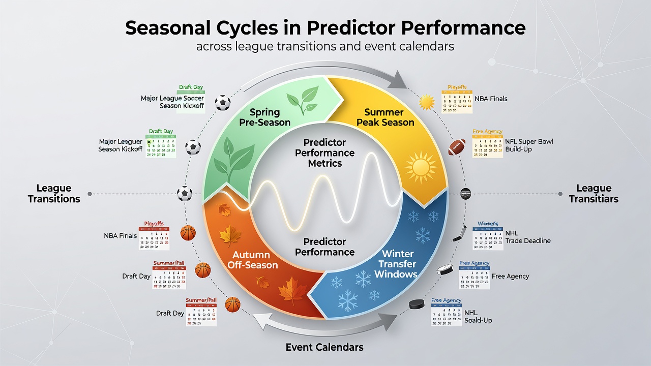 Visual representation of seasonal performance fluctuations in sports prediction models across football, basketball, and tennis calendars