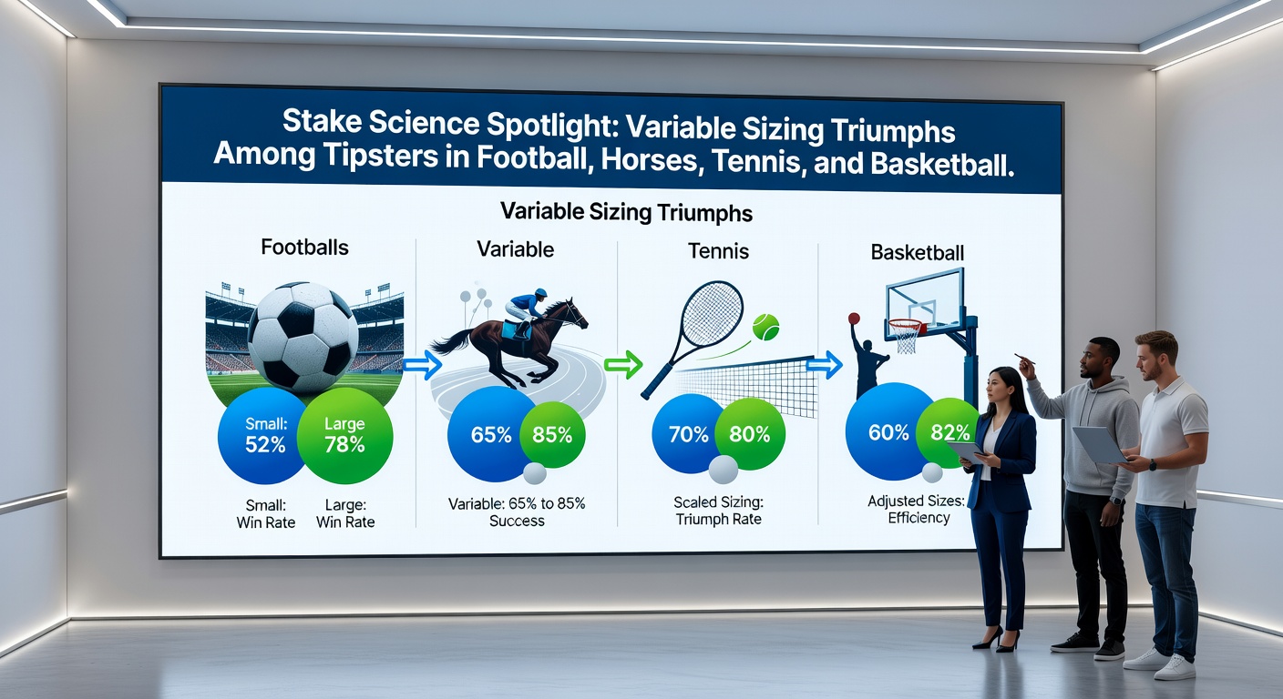 Graph showing variable stake sizes outperforming fixed stakes in tipster logs across multiple sports, with rising ROI lines for football, horse racing, tennis, and basketball from 2024 to April 2026