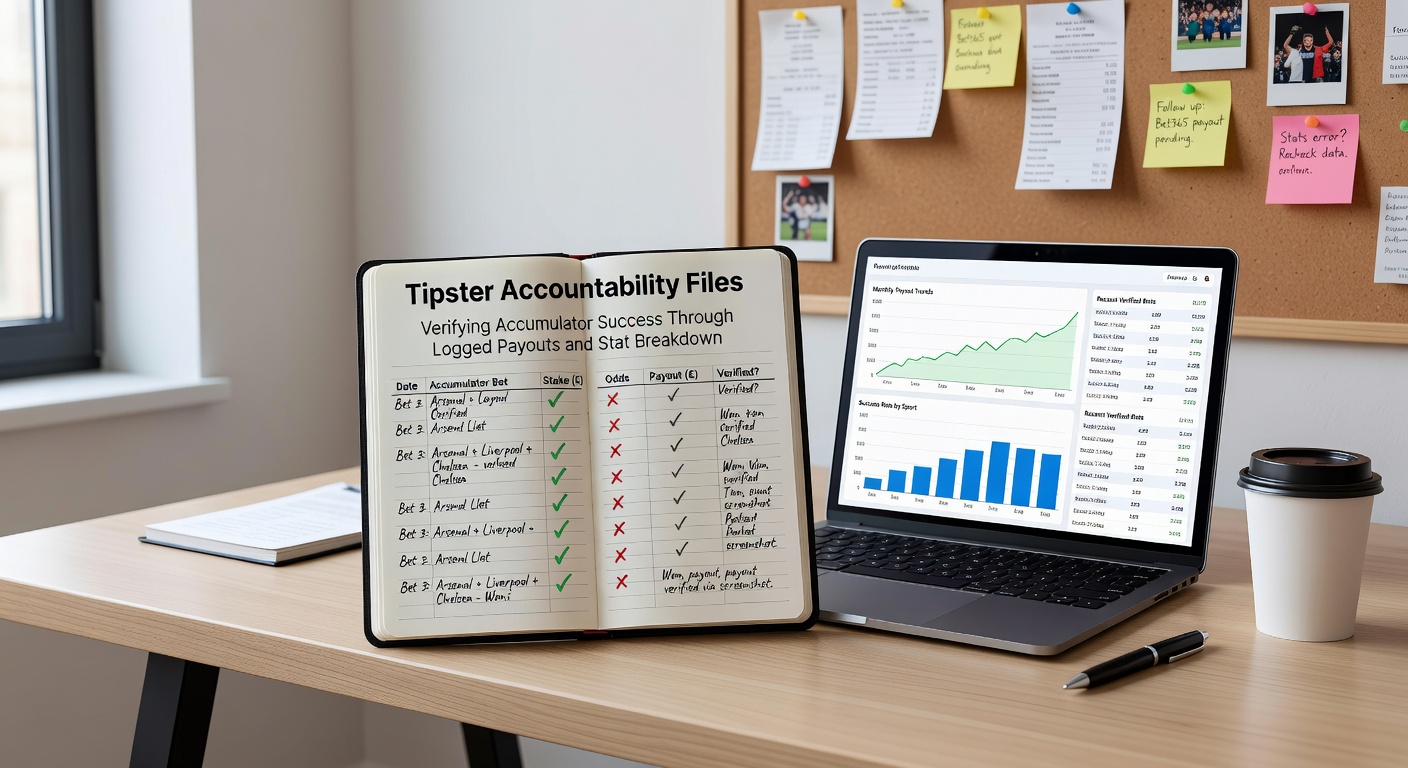 Infographic illustrating stat breakdowns for accumulator tipsters, including yield graphs, strike rates, and logged payout examples from real-world cases