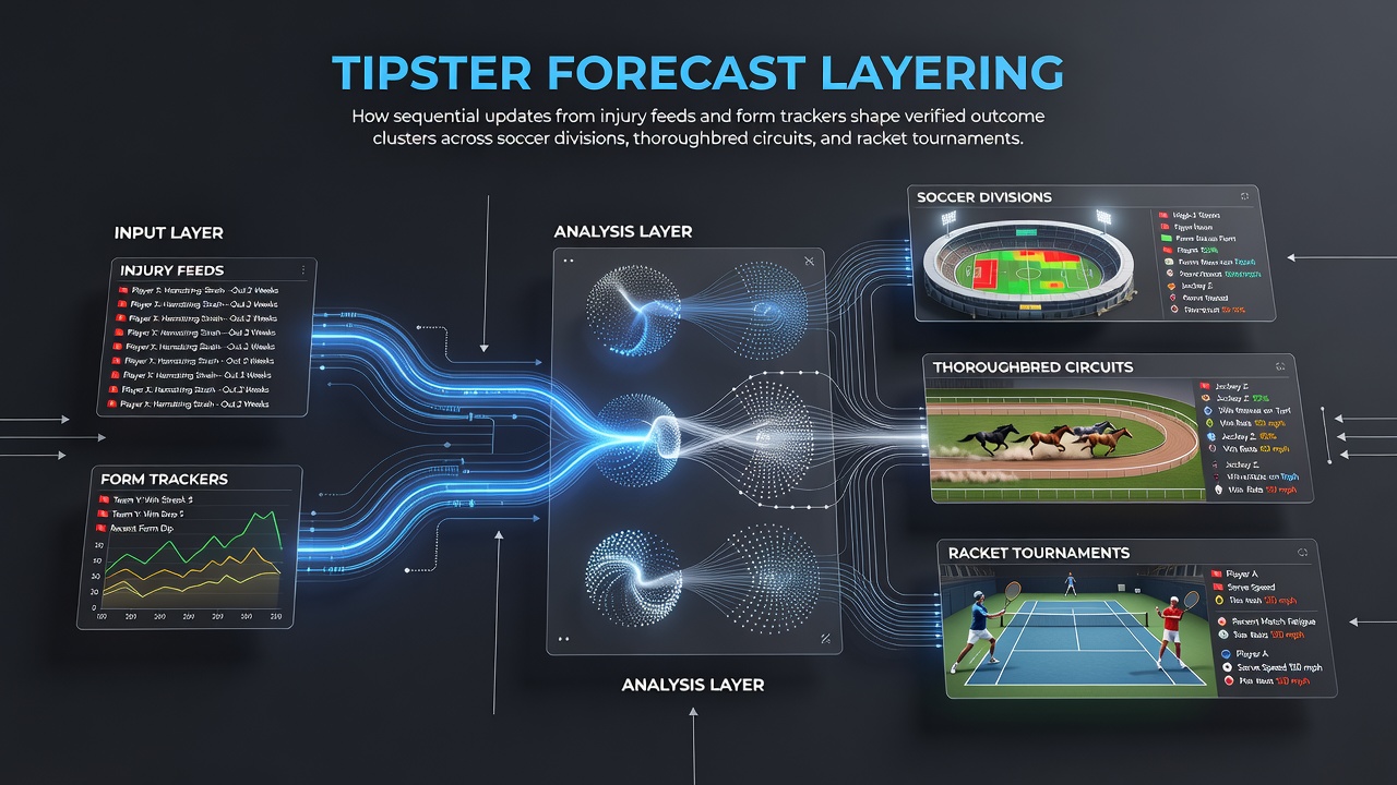 Diagram showing layered forecast updates from injury feeds and form trackers across soccer, horse racing, and tennis