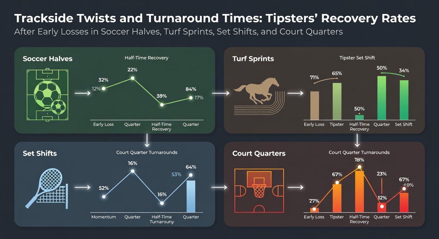 Graph showing tipster recovery curves across soccer halves, horse sprints, tennis sets, and basketball quarters, highlighting bounce-back percentages post-early deficits