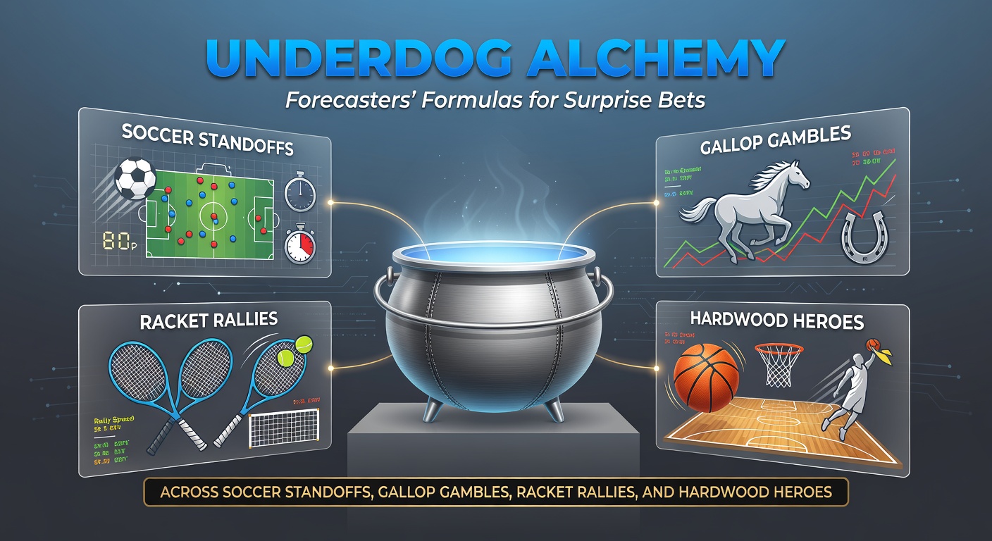 A dynamic split image showing a soccer underdog celebrating a goal, a longshot horse crossing the finish line first, a tennis player upsetting a favorite in a rally, and a basketball team pulling off a comeback win on hardwood courts.