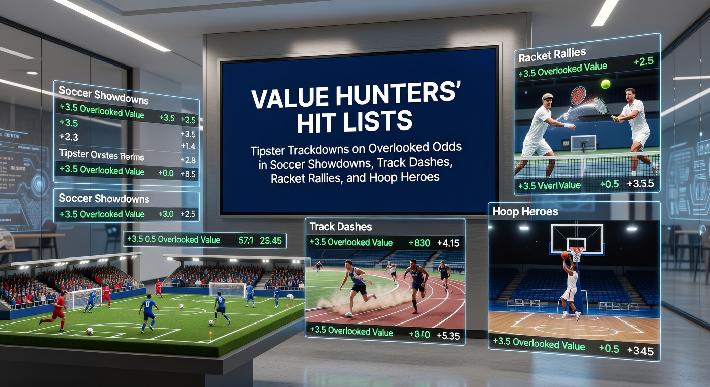 Tipster analyzing betting odds on a screen showing soccer matches, horse races, tennis rallies, and basketball games with highlighted value bets
