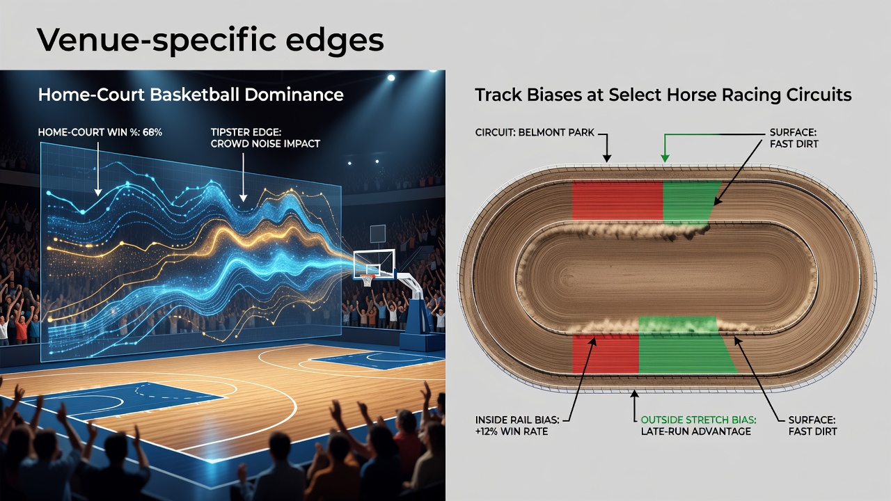 Basketball arena with home team dominance visualization and horse racing track layout showing bias indicators