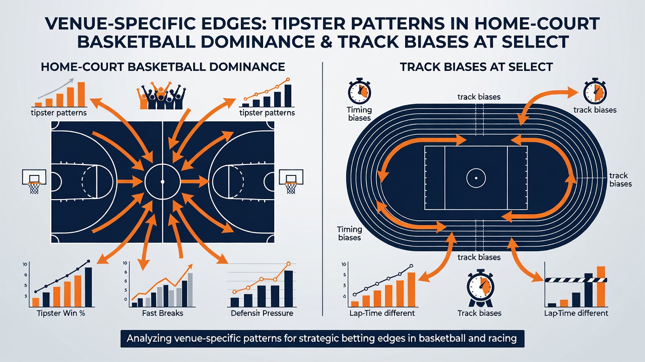 Detailed view of horse racing track surface with bias markers and basketball court home advantage chart