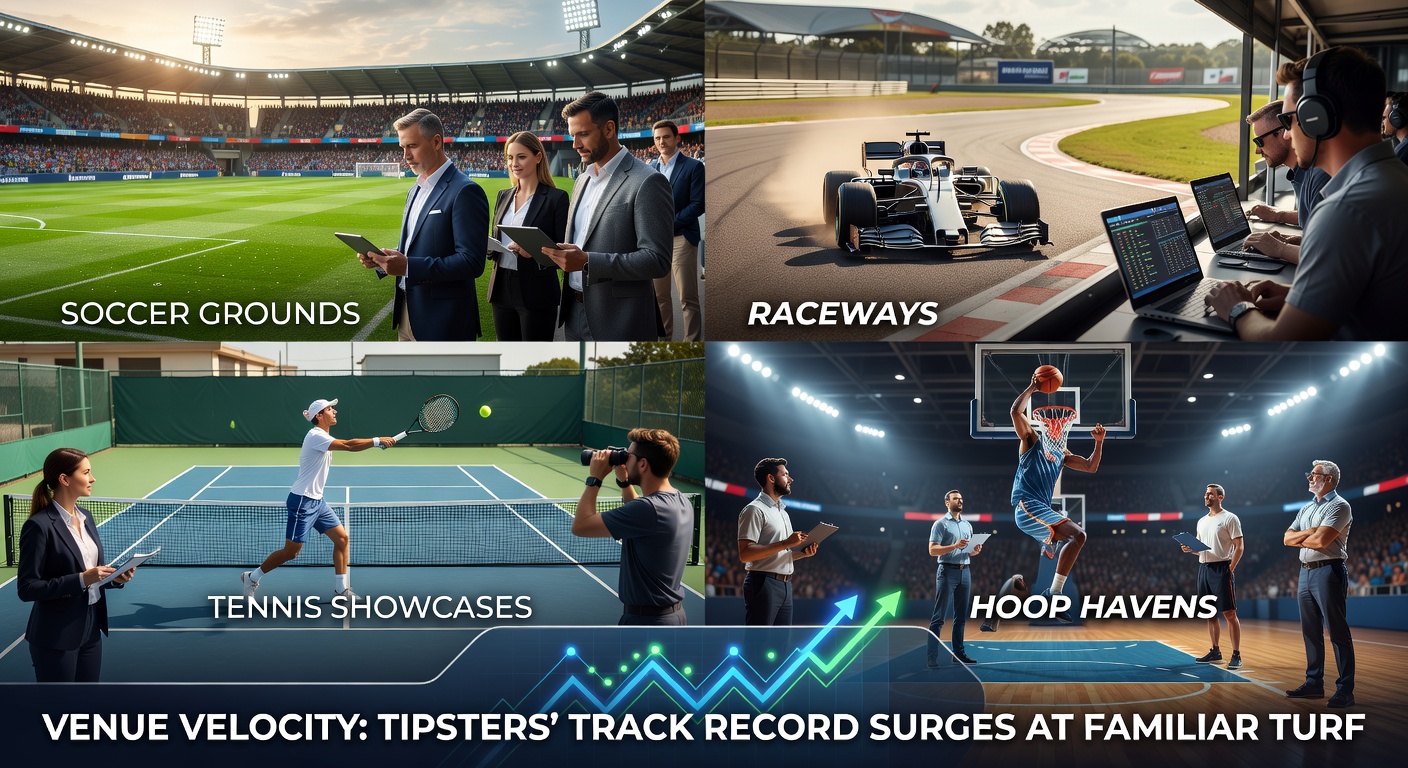 Tipsters reviewing performance data at iconic soccer stadiums, race tracks, tennis courts, and basketball arenas, highlighting venue-specific success patterns