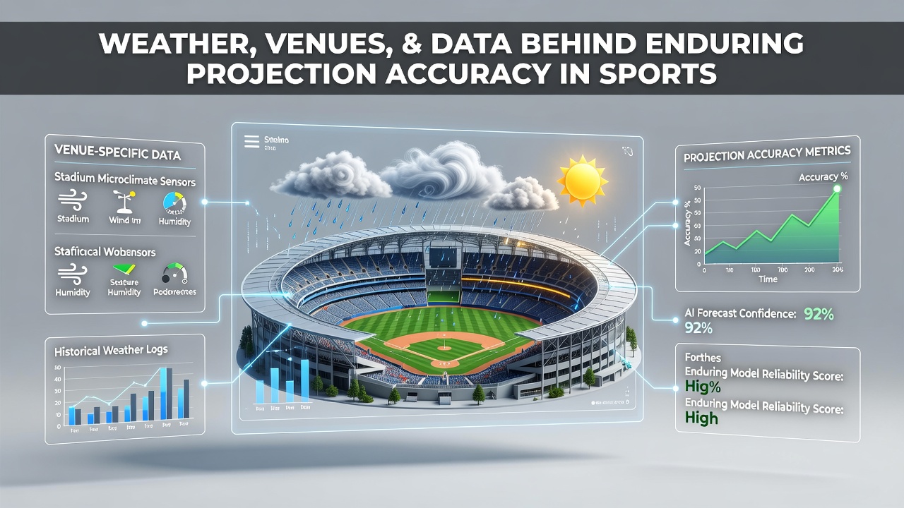 Weather data visualization overlay on stadium field showing temperature, wind, and precipitation impacts for sports modeling