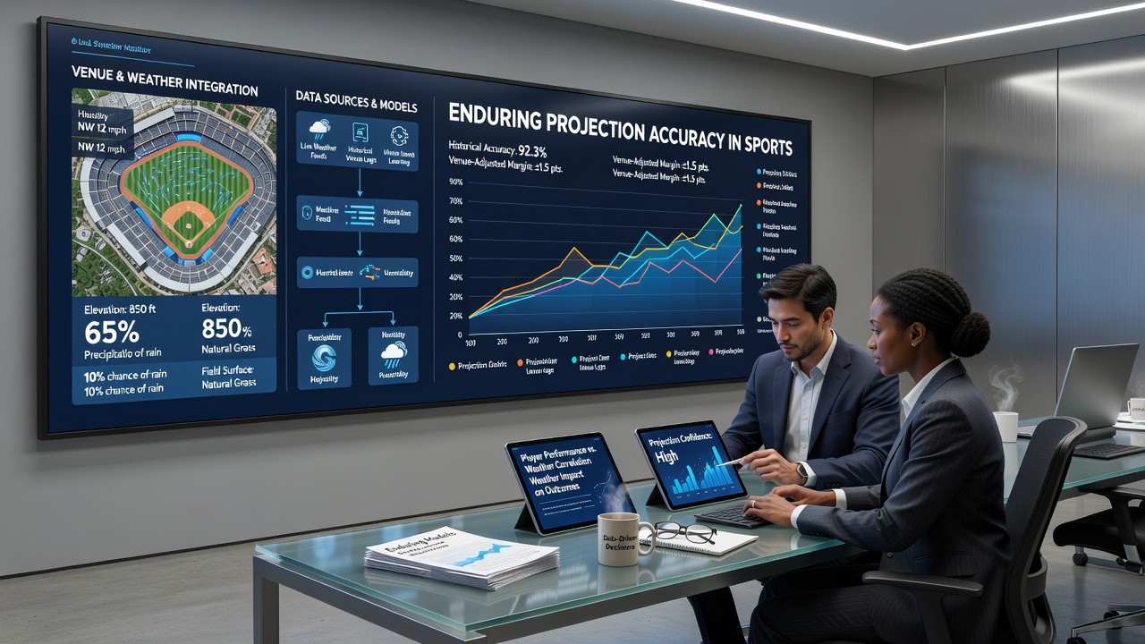Detailed venue analytics dashboard displaying stadium-specific statistics and projection accuracy metrics across multiple sports