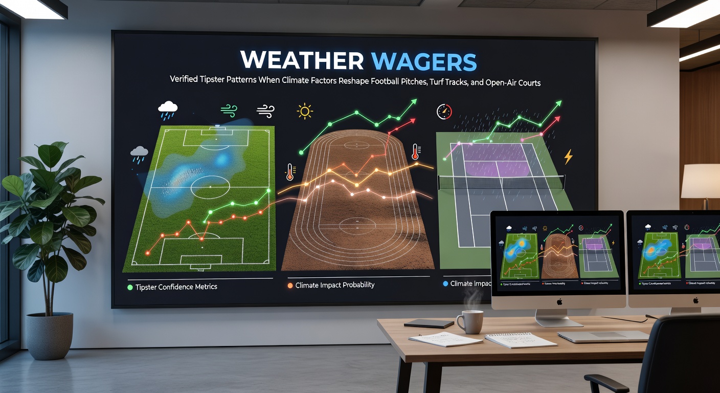 Tipster reviewing weather data overlays on football pitch conditions and turf track surfaces