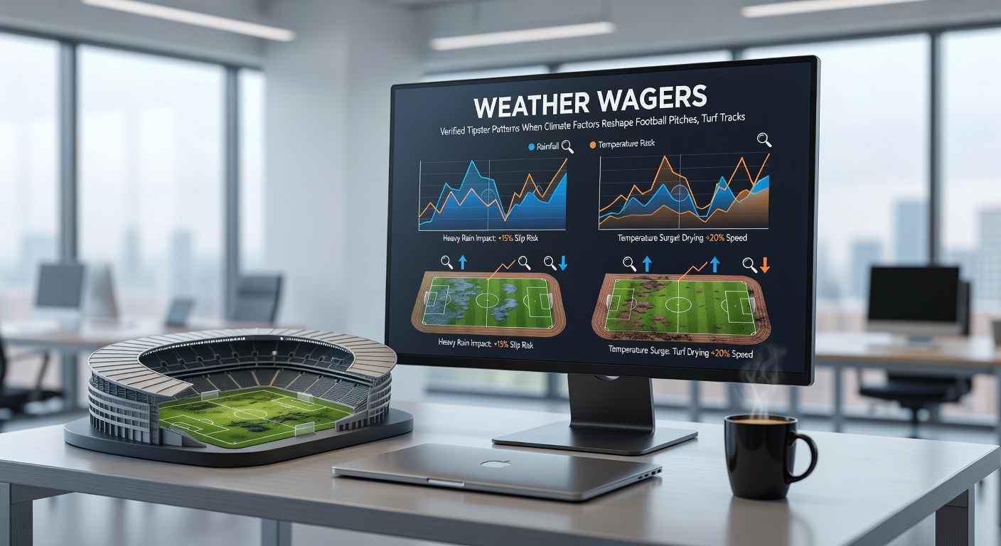 Weather monitoring station positioned beside a tennis court with tipster analytics dashboard visible