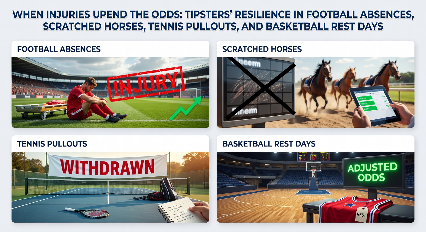Tipster reviewing injury reports on a laptop amid football, horse racing, tennis, and basketball highlights