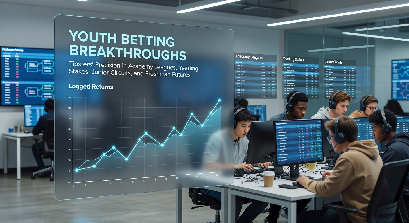 Tipsters reviewing data from youth academy soccer matches, yearling horse races, junior tennis circuits, and college freshman basketball futures, with charts showing precision rates and returns